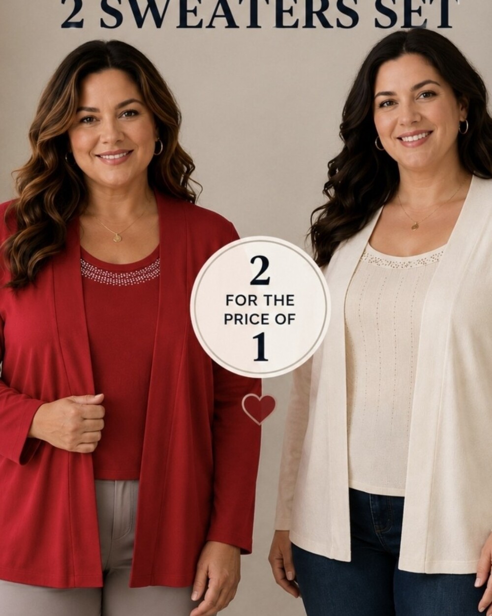Basic Editions Women’s Open-Front Cardigan Set — Red & Cream